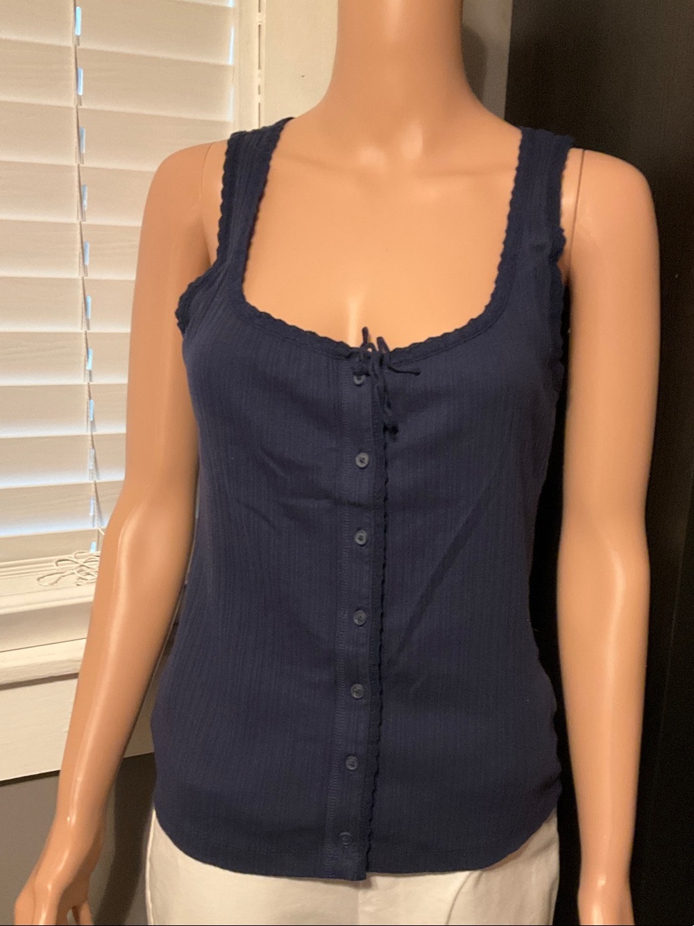 aerie Navy Ribbed Button-Up Scoop Tank